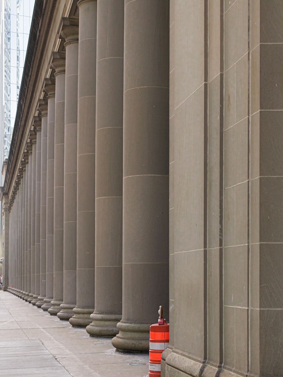 Coursed ashlar masonry — dressed limestone columns of a classical facade